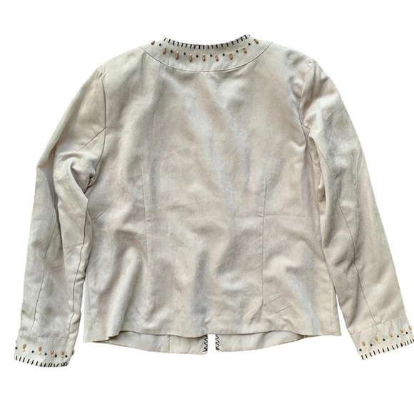 Dressbarn Embroidered Beaded Faux Suede Southwest Open Front Jacket Beige Size L - Picture 2 of 6